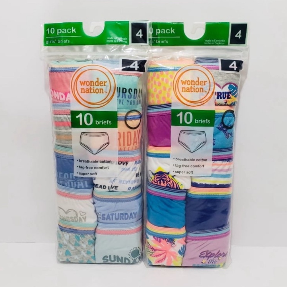 🆕 Wonder Nation Girls Tag Free Cotton Briefs Underwear 10PK Size 4 Lot Of 2